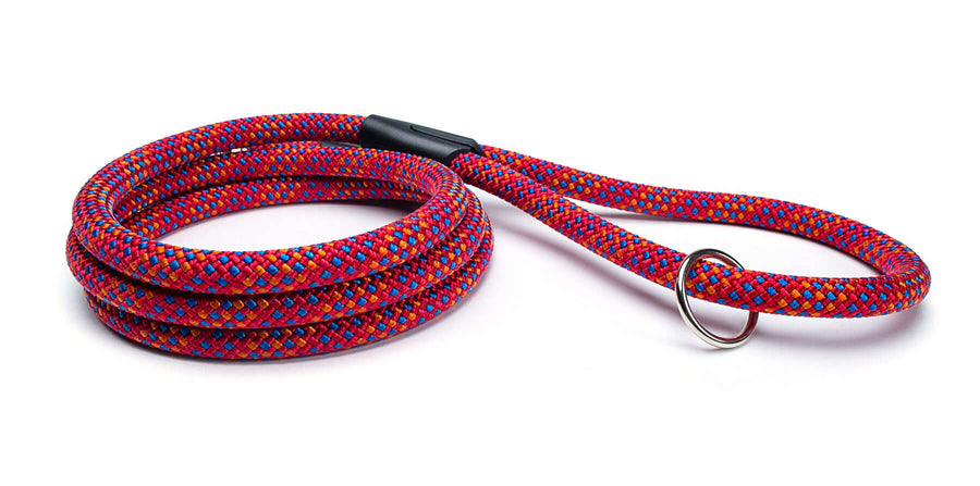 Fetchum Leash In Pupfetti, colorful climbing rope leash with O-ring and swivel clip for dogs.