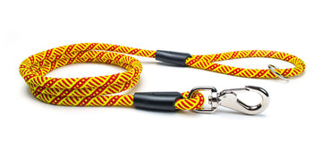 Fetchum Leash In Tribal Sunset, a bright colored premium climbing rope leash with swivel marine clip.