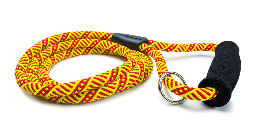 Fetchum Leash In Tribal Sunset + Comfort Grip featuring vibrant colors and a comfort foam grip handle.