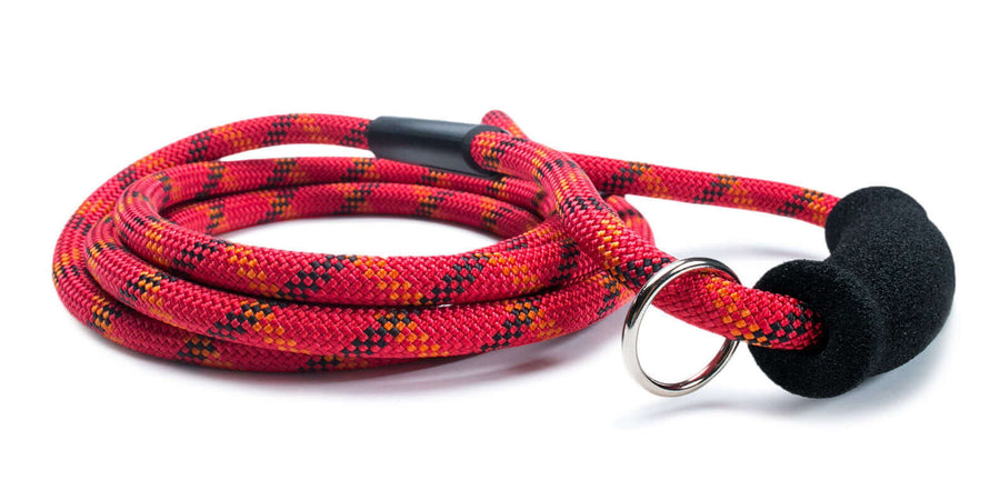 Fetchum Leash In Red Dragon + Comfort Grip with premium climbing rope and comfort foam grip handle.