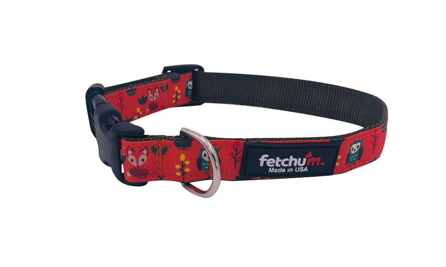 Foxy Friends Collar featuring cute animal patterns, made with durable nylon, quick release buckle, and D ring, made in the USA.