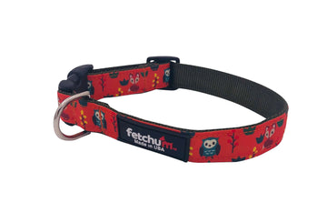 Foxy Friends Collar featuring colorful owl design, durable nylon webbing, and quick-release buckle, Made in USA.