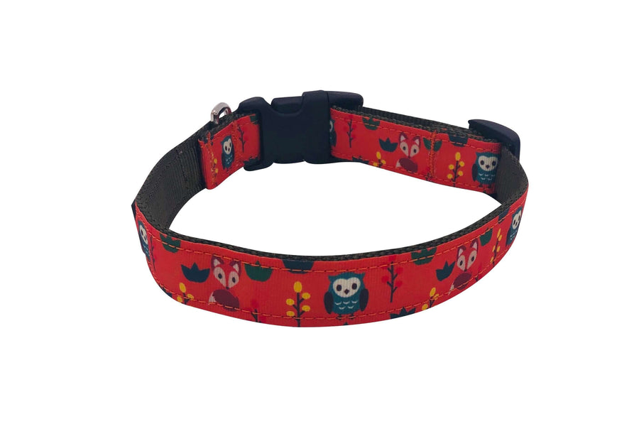 Foxy Friends Collar featuring vibrant red design with owls and foxes, made from durable nylon with quick release buckle.