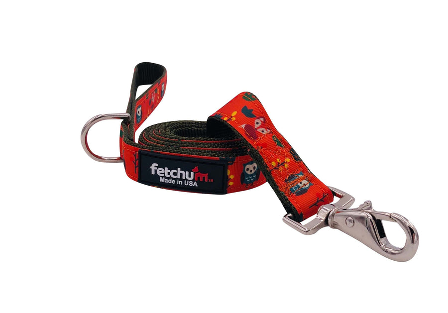 Foxy Friends Leash featuring vibrant designs, strong mil spec webbing, stylish swivel snap, and D ring for accessories.