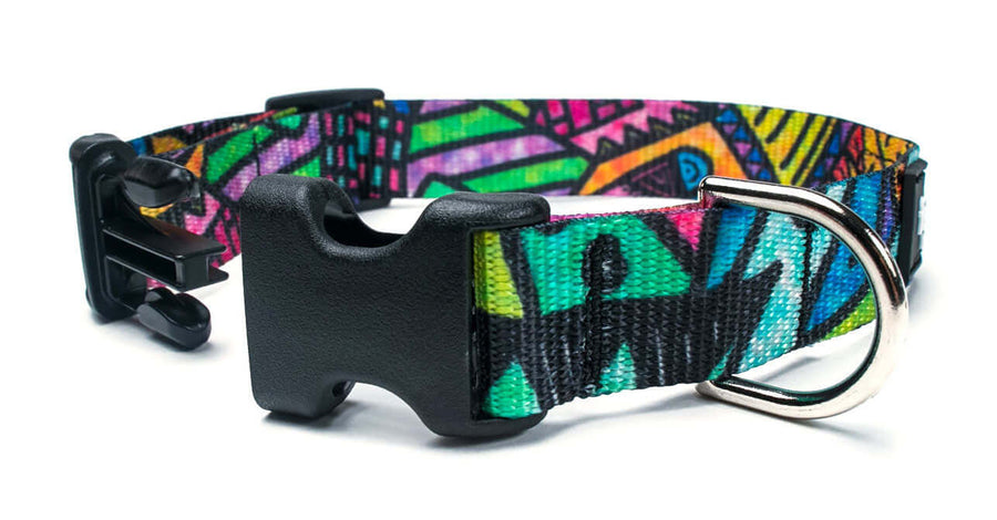 Graffiti Collar featuring vibrant design, quick release buckle, and durable materials for pets.