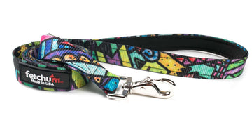 GRAFFITI PADDED HANDLE LEASH featuring colorful design, ergonomic padded handle, and strong swivel snap for comfort and style.