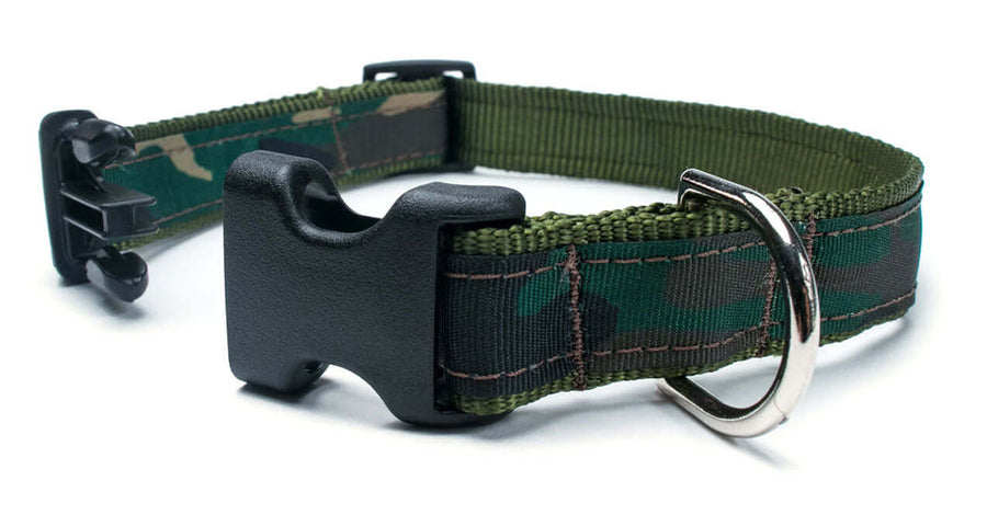 Green Camo Collar featuring durable nylon webbing, quick release buckle, and D ring; perfect for pets.