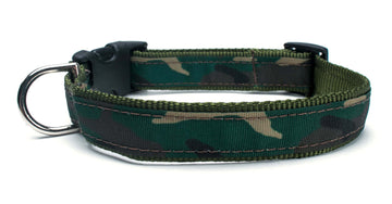 Green Camo Collar made with durable nylon webbing, featuring a quick release buckle and D ring.