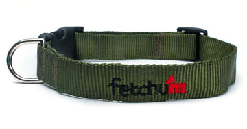 Green Collar made of durable mil-spec webbing, featuring a quick-release buckle and D-ring for easy use.