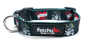 I Love Mom Collar featuring a pirate theme, made of durable polyester with quick release buckle, made in USA.