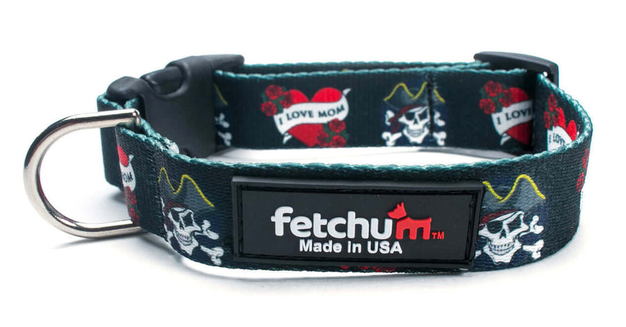 I Love Mom Collar featuring a pirate theme, made of durable polyester with quick release buckle, made in USA.