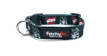 I LOVE MOM DOG COLLAR featuring pirate design with roses, made in USA with durable materials and easy-release buckle.