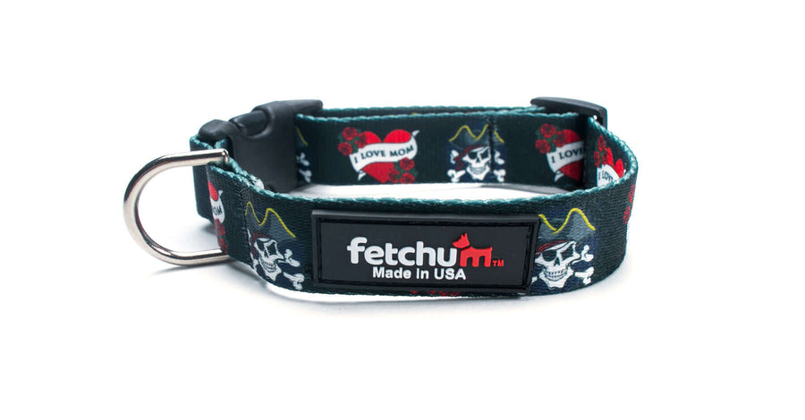 I LOVE MOM DOG COLLAR featuring pirate design with roses, made in USA with durable materials and easy-release buckle.