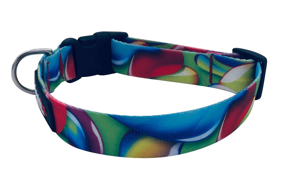 Lava Lamp Collar made of polyester webbing, featuring colorful design and quick release buckle, 1200 lb tensile strength.