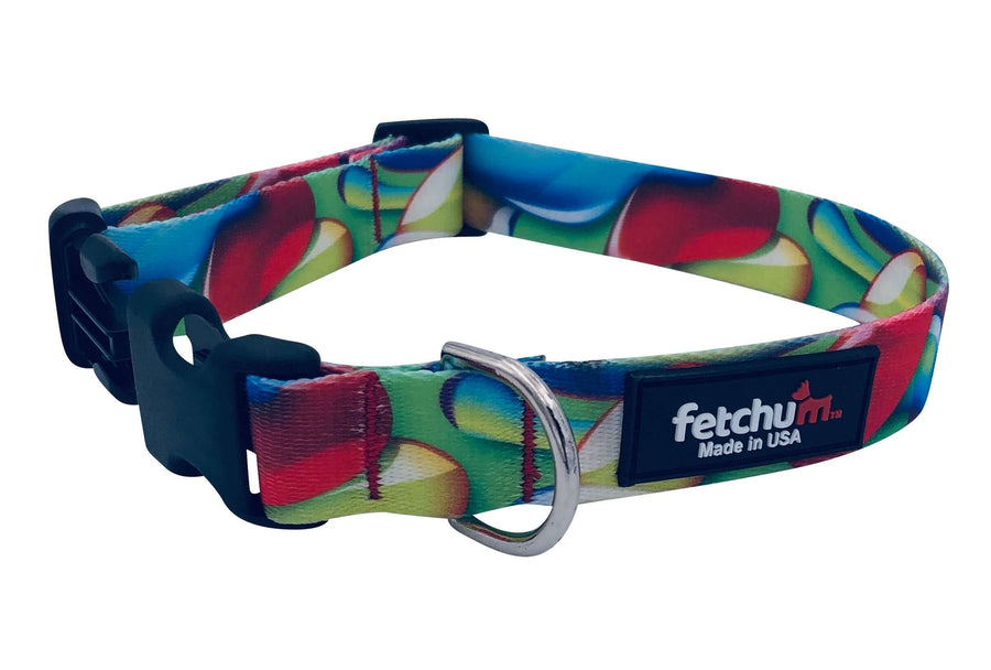 Lava Lamp Collar featuring vibrant colors, made with durable polyester print webbing, quick release buckle and D ring.
