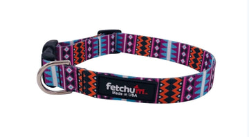Leila Collar featuring vibrant geometric design, quick release buckle, D ring, made in USA, durable for pets.