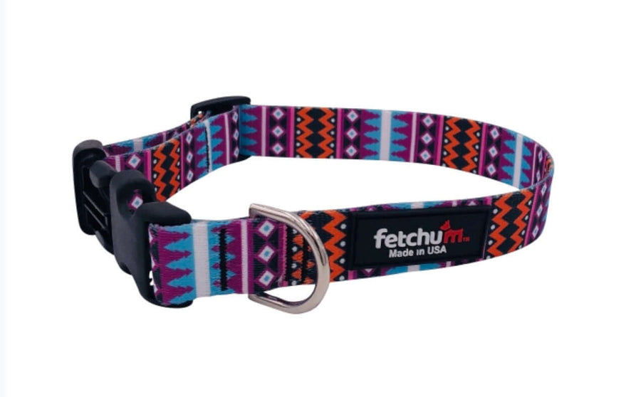 Leila Collar in vibrant geometric pattern, made with durable polyester webbing, featuring quick release buckle and D ring.