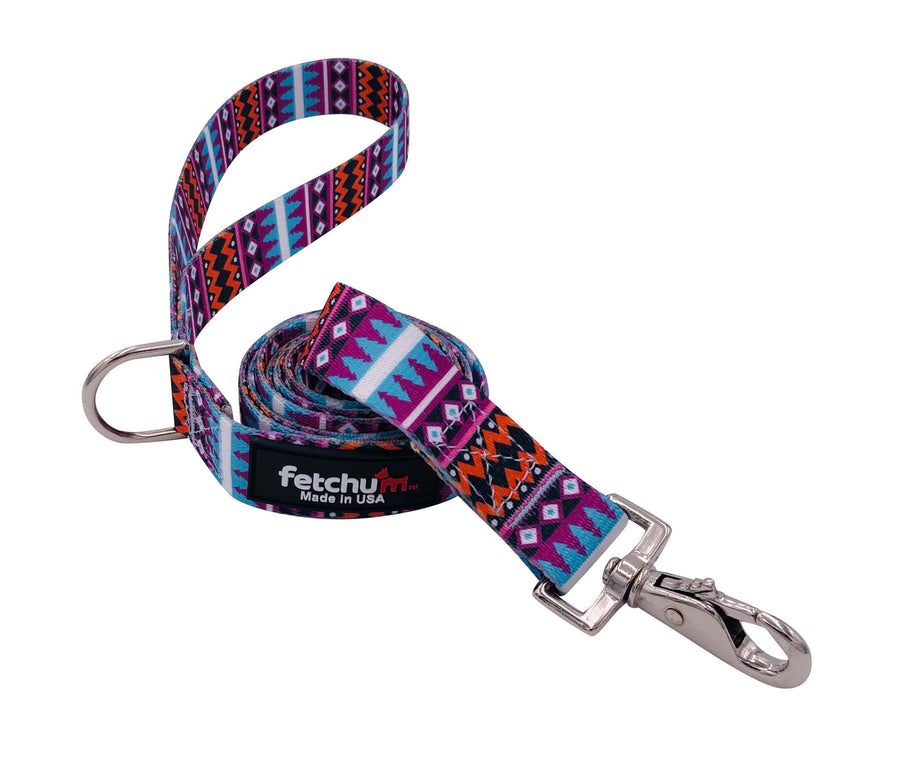 LEILA LEASH featuring a colorful geometric design, lightweight, strong, and made in the USA, ideal for stylish dog walking.