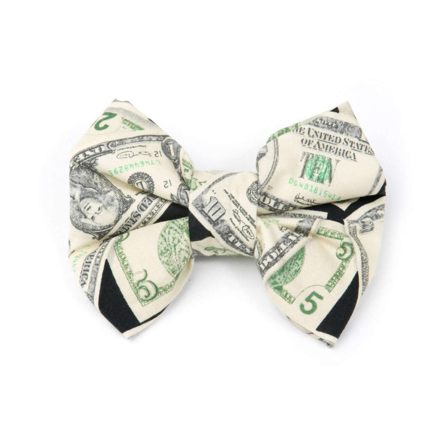 Money Bowtie for dogs, featuring unique dollar bill pattern, easily attaches to collars for special occasions.
