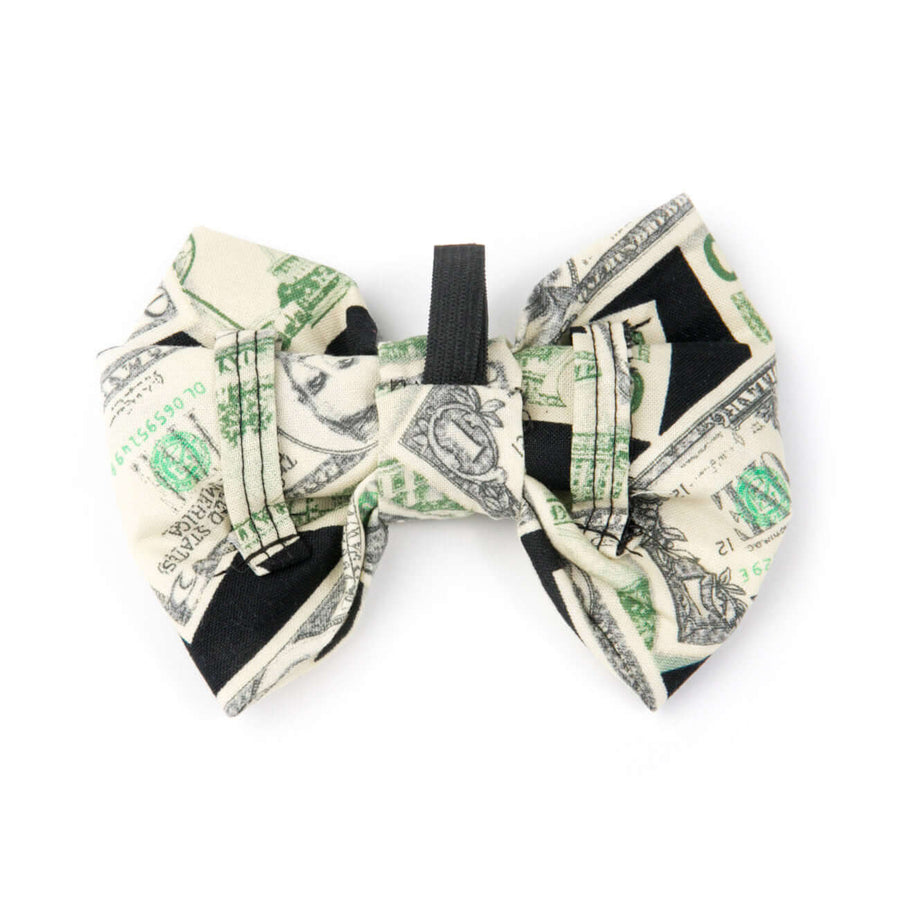 Money Bowtie, decorative dog bow tie with dollar bill print, easy attachment to collars, made of quality cotton, USA made.