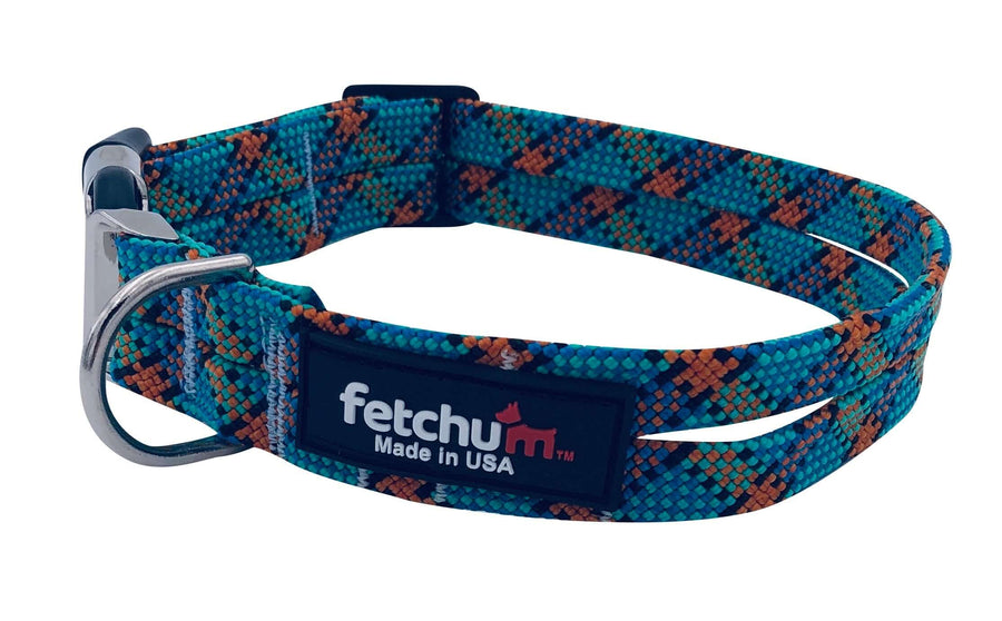Ocean Mist Twist Adjustable Rope Collar in vibrant blue and orange design, made in USA with durable climbing rope.