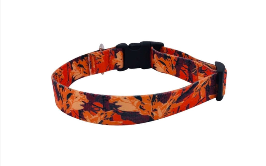 Orange Camo Collar made with durable polyester print webbing, featuring a quick release buckle and D ring.