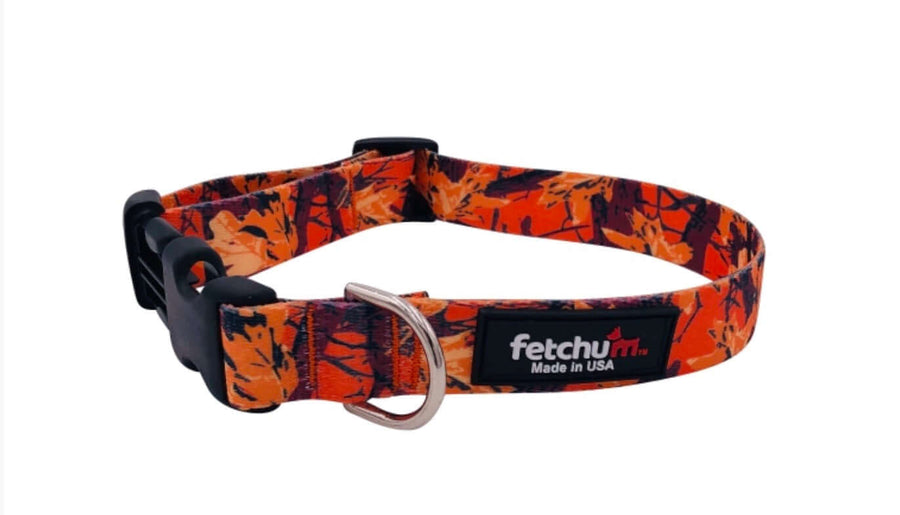 Orange Camo Collar made with durable polyester print webbing and quick-release buckle, designed for pets.