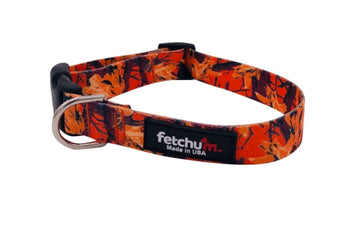 Orange Camo Collar made with durable UV resistant polyester and quick release buckle, designed for pets.