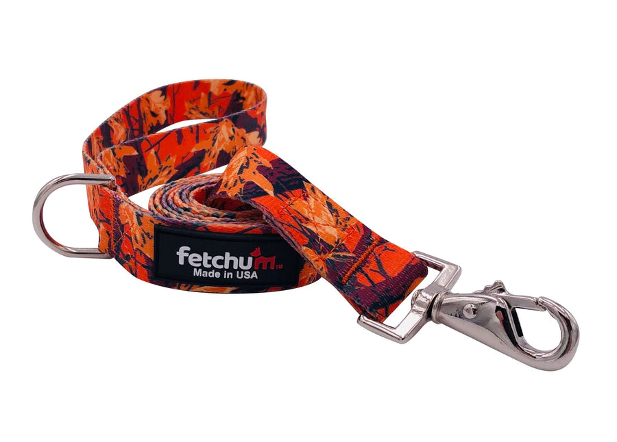 ORANGE CAMO LEASH featuring strong polyester webbing, swivel snap, and durable water-resistant design.