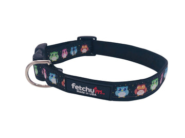 Owl Collar featuring colorful owl designs, made with durable nylon webbing and quick release buckle.