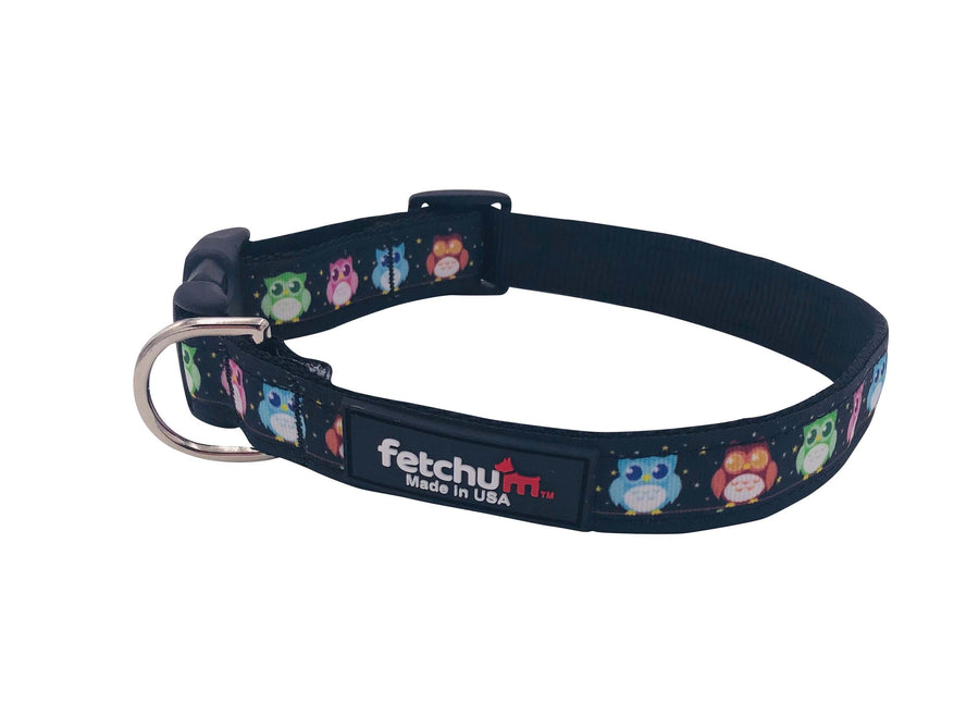 Owl Collar featuring colorful owl designs, made with durable nylon webbing and quick release buckle.