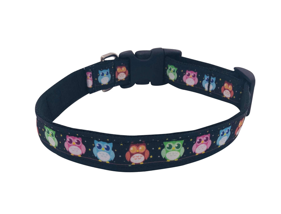 Colorful Owl Collar features a fun owl print, made from durable, moisture-resistant nylon webbing and easy to use buckle.