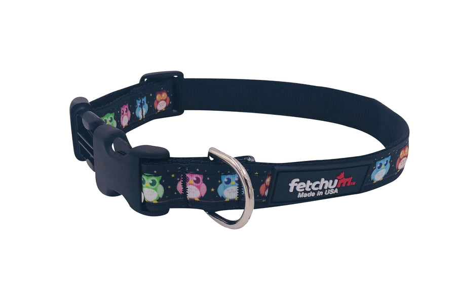 Owl Collar featuring colorful owl designs, made with durable nylon, quick release buckle, and D ring.
