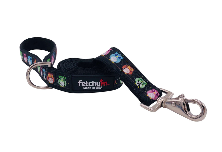 OWL LEASH featuring colorful owl designs, made with durable materials, 5ft long and stylish swivel snap.