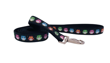 OWL LEASH featuring colorful owl design on durable material with a swivel snap for easy use.