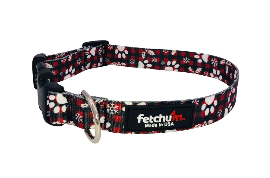 Paws and Holly Collar made with durable polyester, featuring quick release buckle and D ring, ideal for pets.