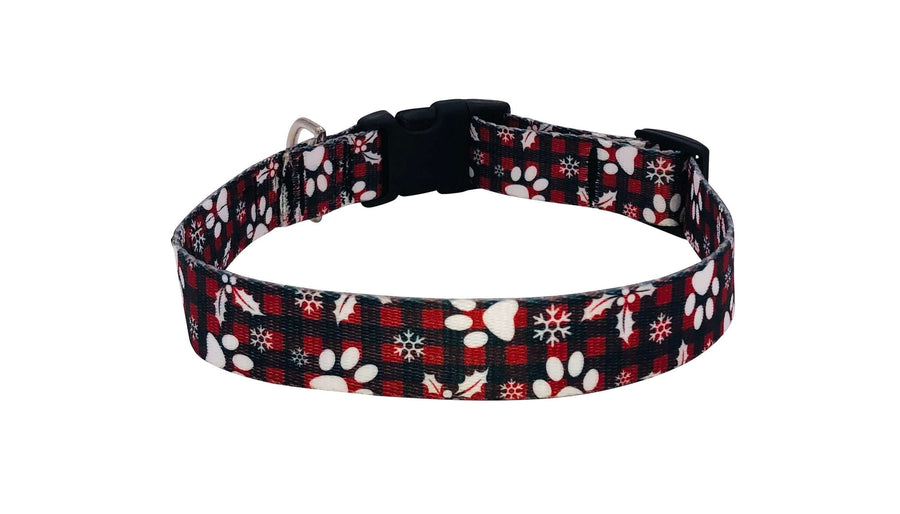 Paws and Holly Collar with festive paw print design, durable polyester, quick release buckle, made in the USA.