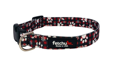 Paws and Holly Collar featuring a durable design with paw prints and plaid pattern, made in the USA.