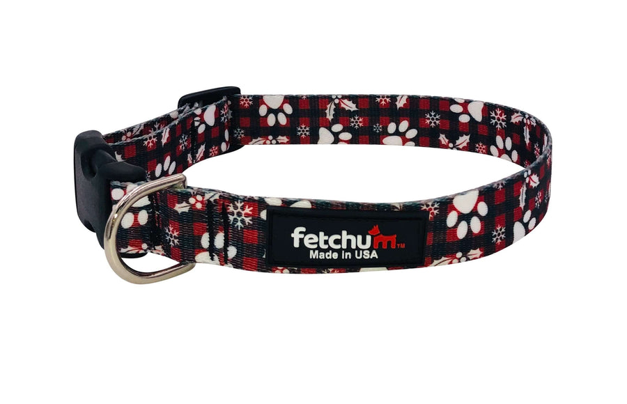 Paws and Holly Collar featuring a durable design with paw prints and plaid pattern, made in the USA.