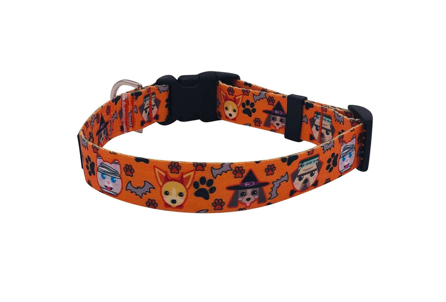 Pet Ghouls Collar featuring Halloween designs on durable polyester webbing, perfect for festive pets.