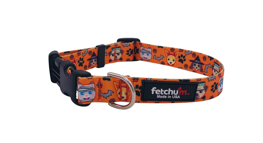 Pet Ghouls Collar featuring vibrant Halloween design, durable and moisture resistant, made in USA.
