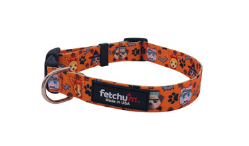 Pet Ghouls Collar featuring vibrant Halloween patterns, durable construction, and quick-release buckle, made in the USA.