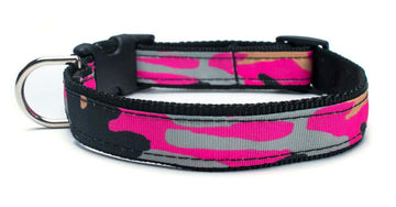 Pink Camo Collar featuring durable nylon webbing, quick-release buckle, and D ring, made in the USA.
