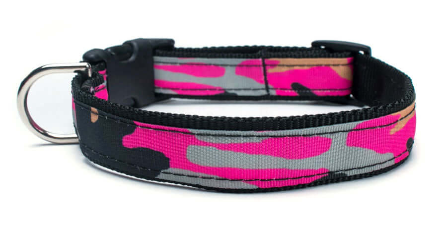 Pink Camo Collar featuring durable nylon webbing, quick-release buckle, and D ring, made in the USA.