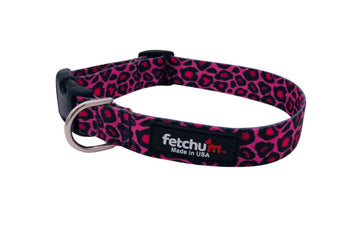 Pink Cheetah Collar featuring durable polyester print webbing and quick release buckle, made in USA.
