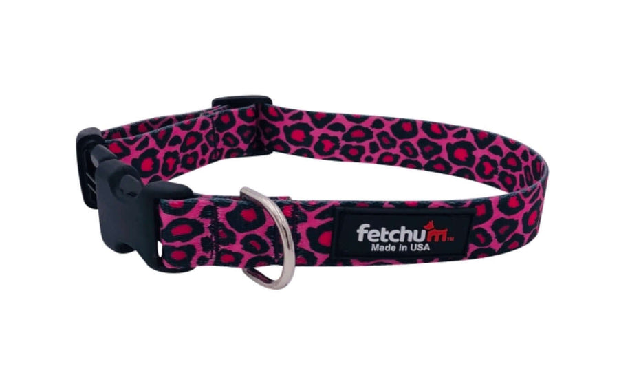 Pink Cheetah Collar made from durable polyester, featuring a quick release buckle and D ring, made in the USA.