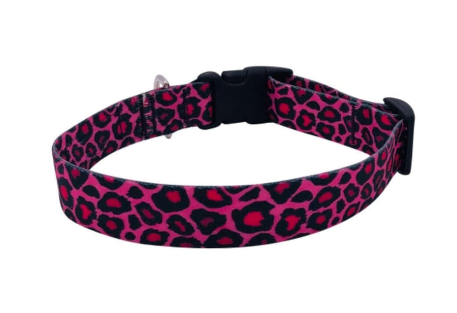 Pink Cheetah Collar showcasing a vibrant pink animal print design, made of durable polyester webbing.