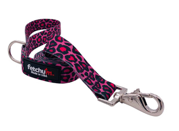 PINK CHEETAH LEASH made with strong polyester webbing, featuring a stylish swivel snap and D ring. Ideal for pet owners.