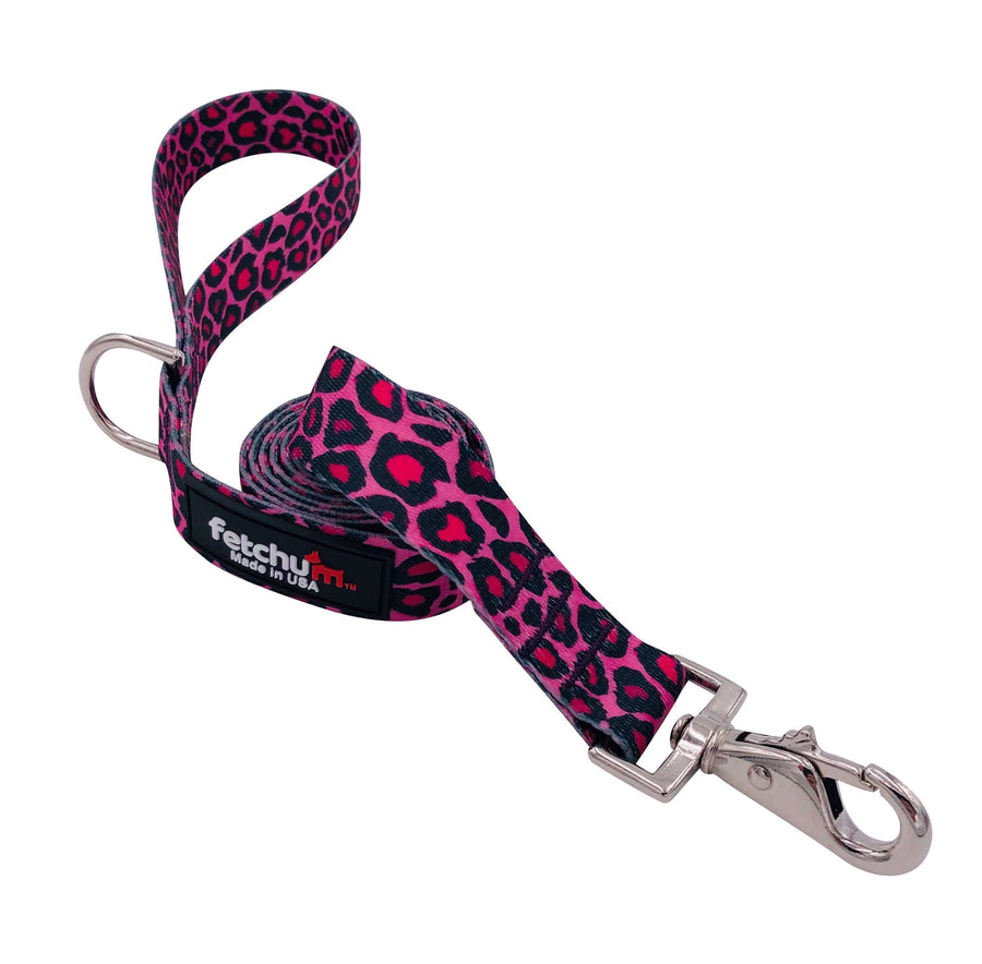 PINK CHEETAH LEASH with pink leopard print design, lightweight and comfortable for dogs, 5ft long, made in the USA.