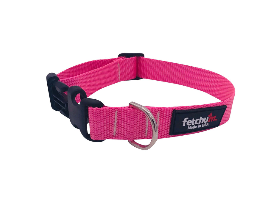 Pink Collar made with durable nylon webbing, featuring a quick release buckle and D ring, ideal for strong dogs.